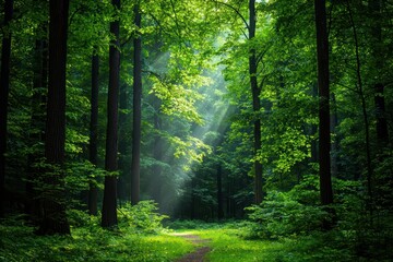 Obraz premium A serene forest path bathed in sunlight, surrounded by lush green trees and foliage, perfect for nature lovers and outdoor enthusiasts.