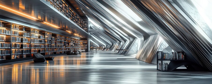 An architectural design for a futuristic library with walls of aluminum siding that automatically adjust their opacity to control light and temperature inside