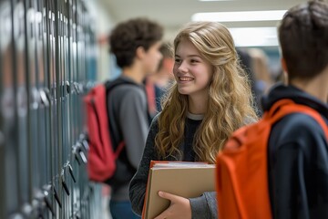 Students chatting in a school hallway during break while interacting near lockers