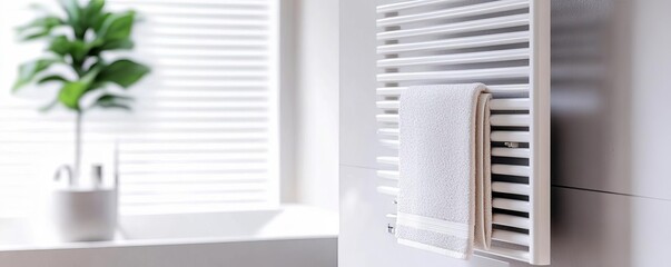 Wall-mounted towel warmer with a minimalist design in matte white, minimalist bathroom fixtures, sleek functionality