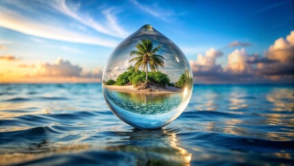 Water droplet featuring an island beach inside, tropical paradise scene, vibrant ocean colors
