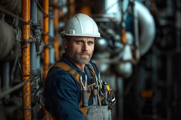 Worker adjusts heavy tool belt in industrial setting during daytime operations