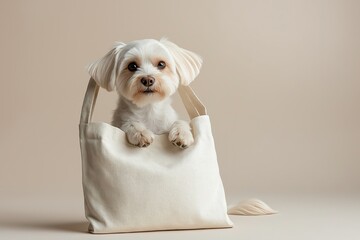 White cotton tote bag mockup featuring an adorable dog peeking out against a neutral background