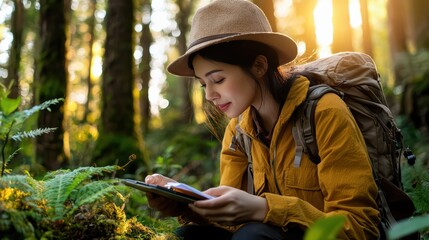 A young woman enjoys nature in a forest, utilizing a tablet to capture her outdoor adventures amidst lush greenery.