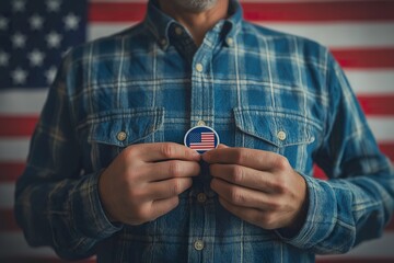 Fototapeta premium Person pins I Voted sticker on shirt in front of American flag during election season