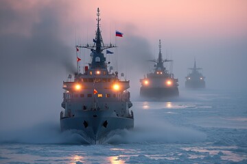 Military icebreaker ships navigating through Arctic ice at dawn