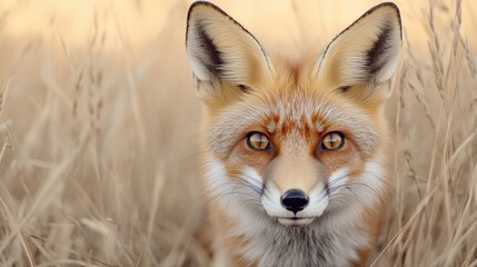 Fototapeta premium A close up of a fox in tall grass with yellow eyes, AI