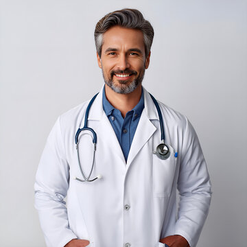 M&eacute;dico con manos dentro de su bata blanca