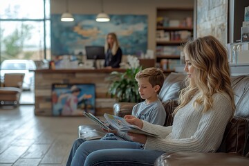 Mother and son reading together in a dental office reception area during appointment waiting time