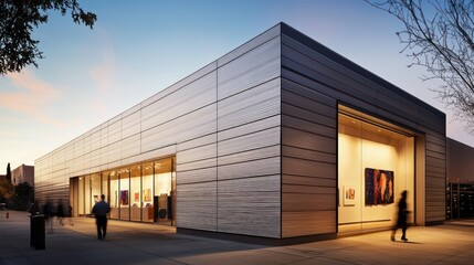 Obraz premium An avant-garde gallery space with an exterior clad in textured aluminum siding that plays with light and shadow, enhancing the display of contemporary artworks