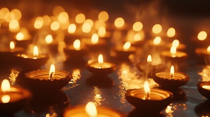 Burning diya lamps for diwali festival selective focus