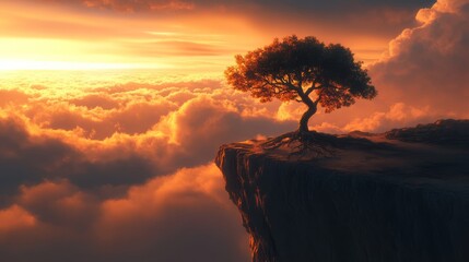 Majestic Sunset Over Clouds with Isolated Tree - Powered by Adobe