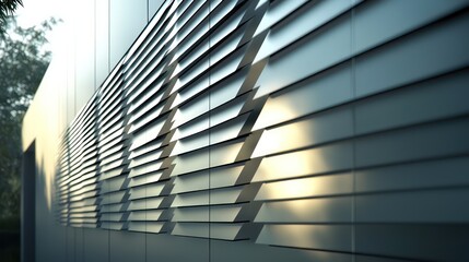 Obraz premium An avant-garde museum facade composed of overlapping layers of aluminum siding, each layer angled to catch light and shadow differently throughout the day