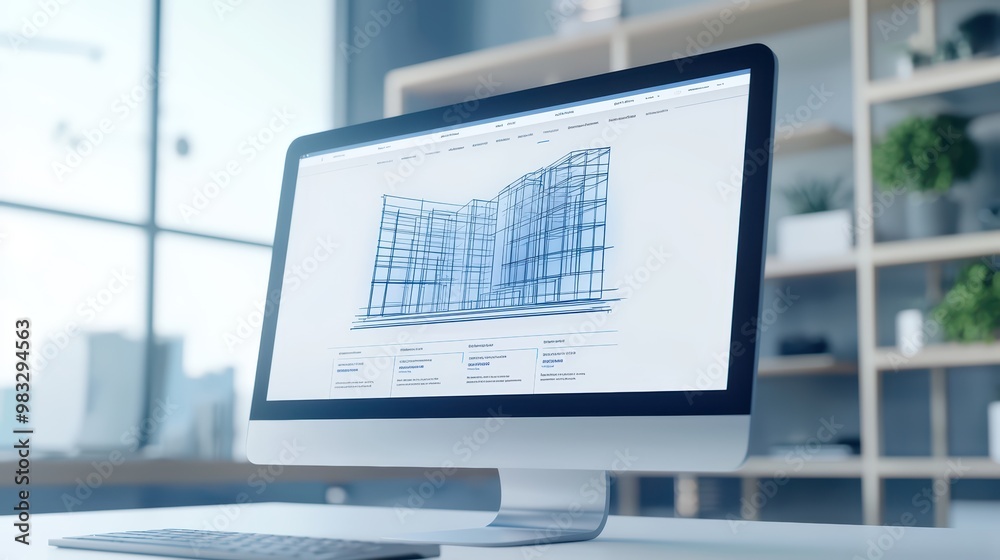Poster modern computer display with architectural blueprint design in bright office setting. ideal for cons