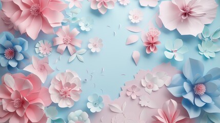Floral frame background of Plain light blue paper structure background with blank copy space in the middle, on top of the background are smller and bigger daisy blossoms scatterd arround 