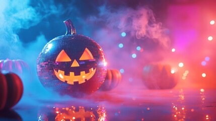 shiny disco ball pumpkin with colorful lights and smoke on a reflective surface, creating a lively Halloween party atmosphere with vibrant colors and festive energy