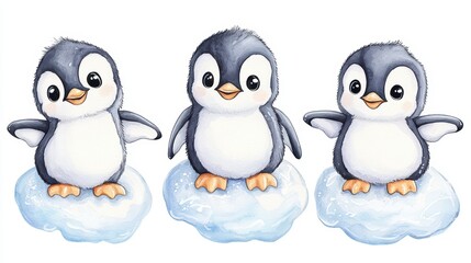 Fototapeta premium Three adorable penguins perched on fluffy clouds, perfect for children's illustrations or winter-themed designs.