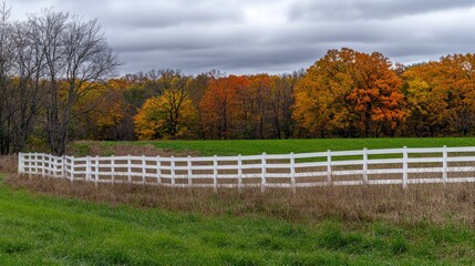 Vibrant autumn colors fill the landscape as trees stand behind a white wooden fence, enclosing a tranquil pasture for horses to roam freely, creating a picturesque setting