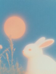 Ethereal White Rabbit in Dreamy Meadow Field with Glowing Bokeh Background