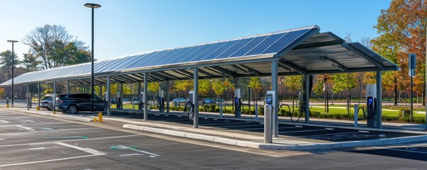 An environmentally friendly parking lot with canopies made from aluminum siding, equipped with solar panels to power nearby street lights and electric vehicle charging stations