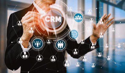 CRM Customer Relationship Management for business sales marketing system concept presented in futuristic graphic interface of service application to support CRM database analysis. uds