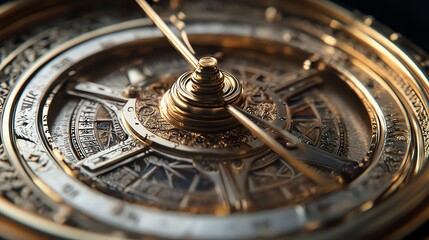 Close-up of a complex, intricately designed antique compass.