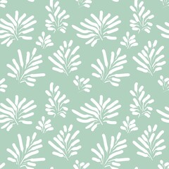 Seamless abstract botanical pattern. White leaves on green, white background. Digital brush strokes. Design for textile fabrics, wrapping paper, background, wallpaper, cover.