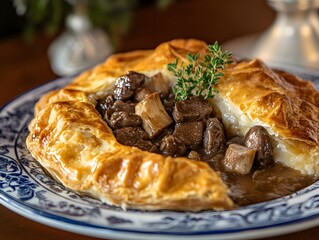 Beef and mushroom pie with a golden