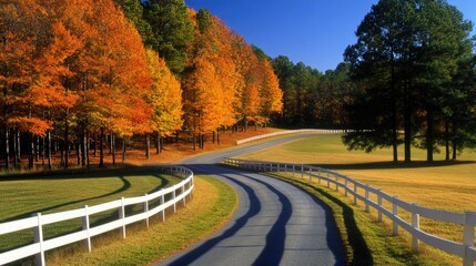 Fototapeta premium Vibrant autumn colors fill the landscape as trees stand behind a white wooden fence, enclosing a tranquil pasture for horses to roam freely, creating a picturesque setting
