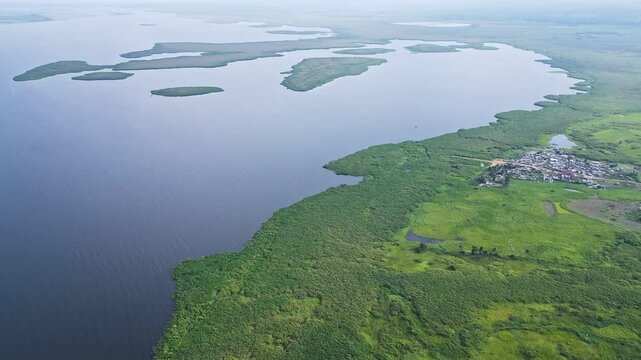Queen Elizabeth National Park aerial footage of a tranquil Lake in Uganda