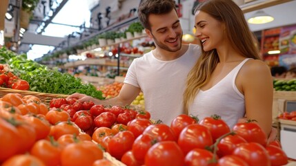 A man and woman in a produce section of the store, AI