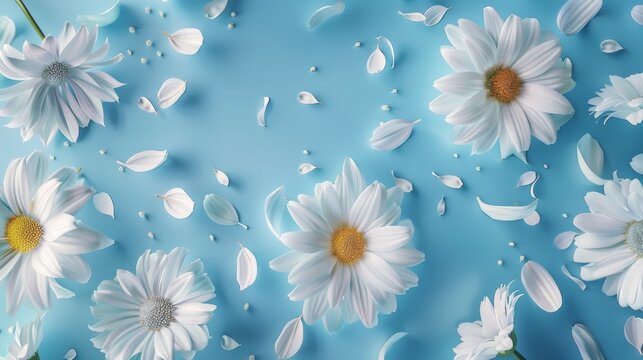Floral frame background of Plain light blue paper structure background with blank copy space in the middle, on top of the background are smller and bigger daisy blossoms scatterd arround