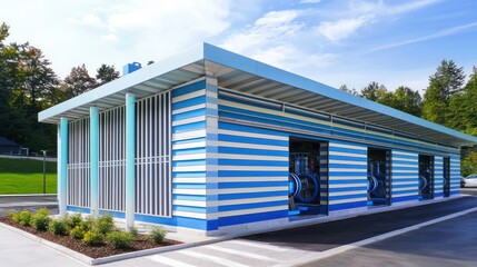 An innovative car wash structure with blue and white striped fiber cement siding, designed to withstand constant moisture and chemical exposure
