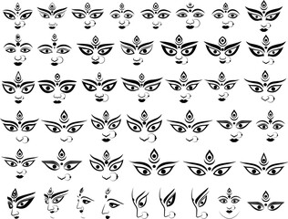 Set of black and white artistic illustrations of Goddess Durga's eyes, ideal for Durga Puja festival designs.