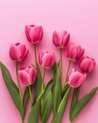 Fototapeta premium Vibrant pink tulips on a pastel background capture spring's love, ideal for celebrations.