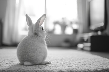 A White Rabbit Sitting on a Rug, Looking Away From the Camera