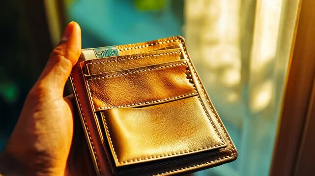 Close-up of a hand holding an open leather wallet against sunlight by a window. The wallet contains cards, possibly credit cards or IDs. The scene depicts a relaxed moment, possibly in the morning.