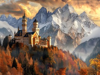 Fantasy castle on autumn mountain with snowy peaks