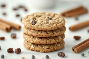Stack of Oatmeal Raisin Cookies with Cinnamon Sticks