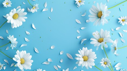 Obraz premium Floral frame background of Plain light blue paper structure background with blank copy space in the middle, on top of the background are smller and bigger daisy blossoms scatterd arround