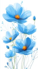 Blue cosmos flowers illustration with yellow centers, delicate floral art
Keywords: