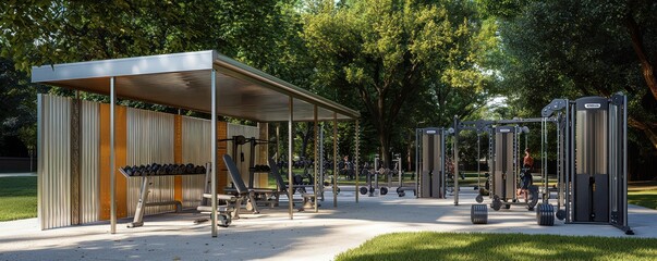 An innovative outdoor gym with equipment made from durable aluminum siding, designed to withstand all weather conditions, providing a healthy, accessible workout environment for the community
