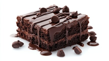 Brownie and chocolate dessert against a white backdrop.
