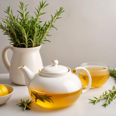  Transparent teapot with herbal tea on table.