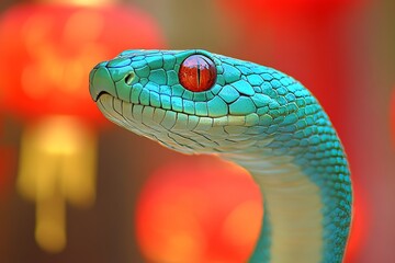 Fototapeta premium Close-up of Vibrant Green Snake with Red Eyes, Symbolic of Chinese New Year Festivities