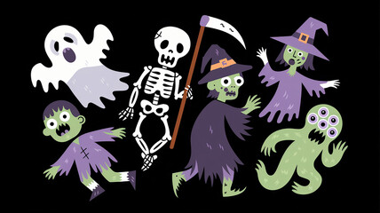super scary ghost, skeleton, witch, zombie, ghoul, pattern make all the figures in random directions black background