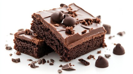 Brownie and chocolate dessert against a white backdrop.
