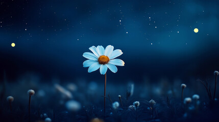 A simple white flower against a blue starry sky, a night flower