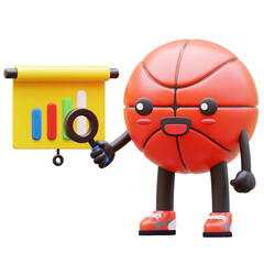 Fototapeta premium 3D Basketball Character Holding Magnifying Glass Pointing At Bar Chart Suitable For Business And Analysis Concepts