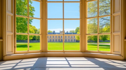 Looking out from a charming bay window, the bright summer day showcases a vivid blue sky and a green lawn, creating a serene and inviting atmosphere